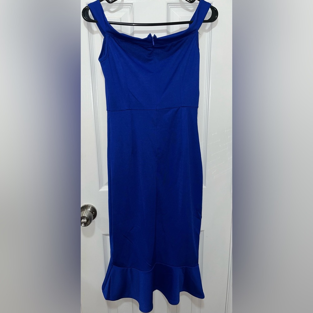 SHEIN BAE Bardot Split Thigh Ruffle Hem Bodycon Dress, Blue, Size Small - Picture 10 of 10